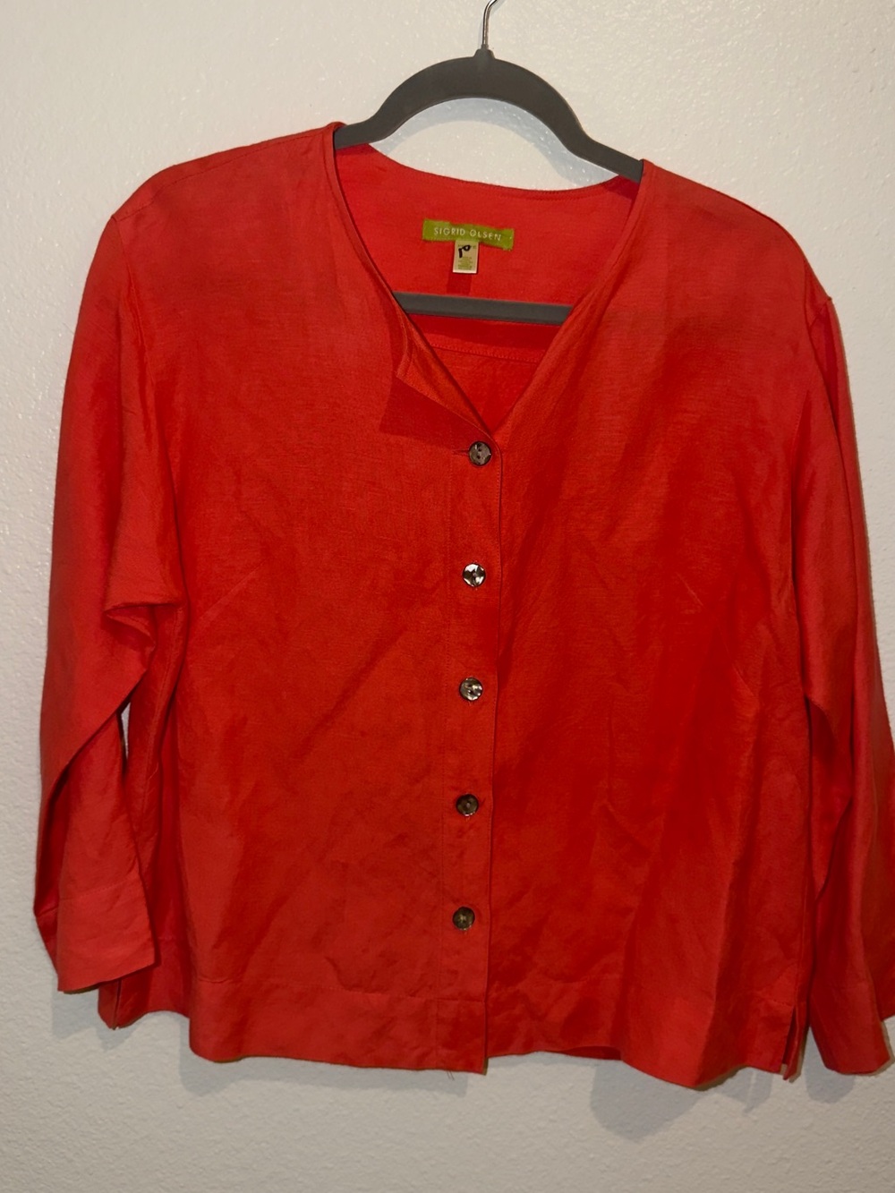 Sigrid Olsen 100% Linen Coral-Red Button Front Top